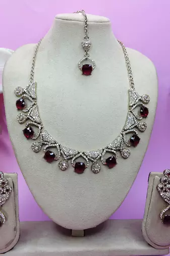 Maroon yellow gold premium designer american diamond and stone work necklace set