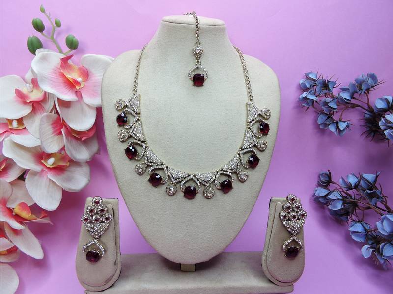 Maroon yellow gold premium designer american diamond and stone work necklace set