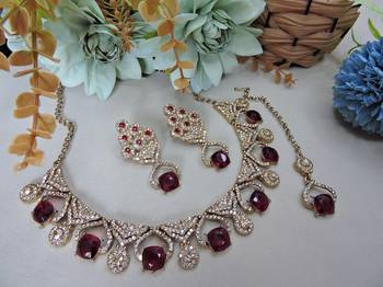 Maroon yellow gold premium designer american diamond and stone work necklace set 2