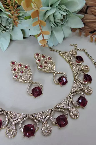 Maroon yellow gold premium designer american diamond and stone work necklace set