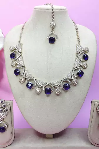 Blue yellow gold premium designer american diamond and stone work necklace set