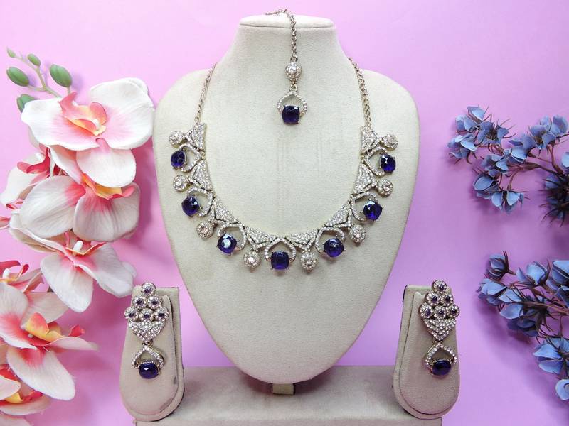 Blue yellow gold premium designer american diamond and stone work necklace set