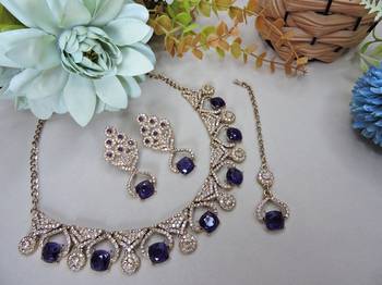 Blue yellow gold premium designer american diamond and stone work necklace set 2