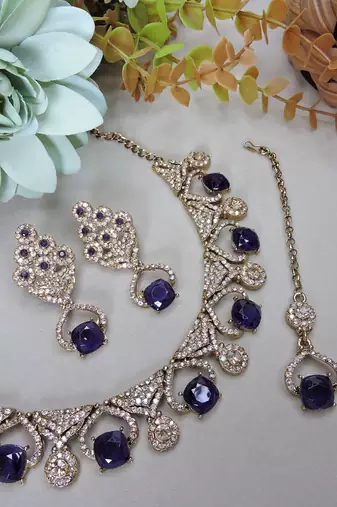 Blue yellow gold premium designer american diamond and stone work necklace set