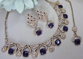 Blue yellow gold premium designer american diamond and stone work necklace set 3