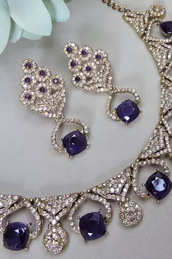 Blue yellow gold premium designer american diamond and stone work necklace set