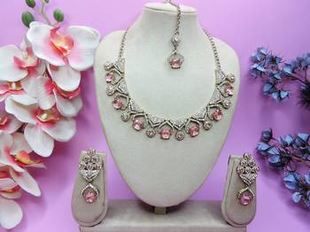 Pink yellow gold premium designer american diamond and stone work necklace set 1