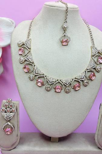 Pink yellow gold premium designer american diamond and stone work necklace set