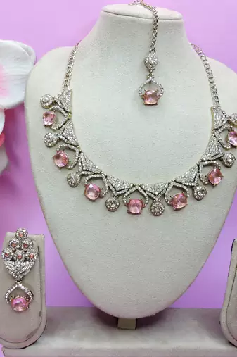 Pink yellow gold premium designer american diamond and stone work necklace set