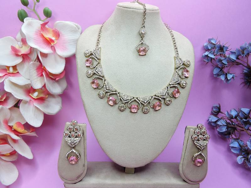 Pink yellow gold premium designer american diamond and stone work necklace set