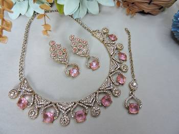 Pink yellow gold premium designer american diamond and stone work necklace set 2