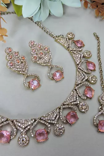 Pink yellow gold premium designer american diamond and stone work necklace set