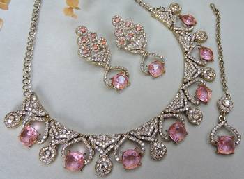 Pink yellow gold premium designer american diamond and stone work necklace set 3