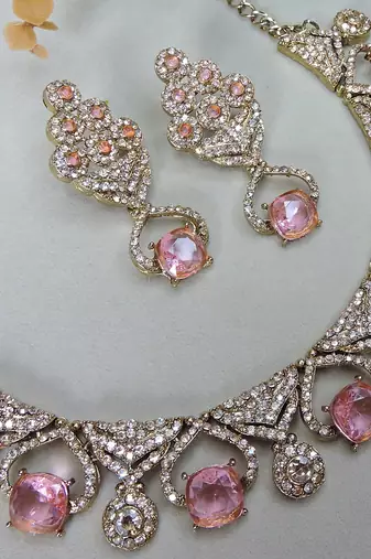 Pink yellow gold premium designer american diamond and stone work necklace set
