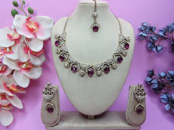 Purple yellow gold premium designer american diamond and stone work necklace set 1