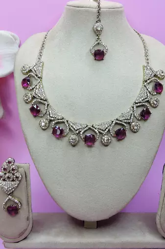 Purple yellow gold premium designer american diamond and stone work necklace set