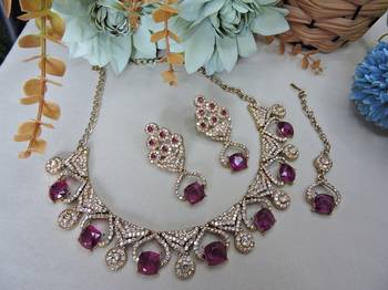 Purple yellow gold premium designer american diamond and stone work necklace set 2