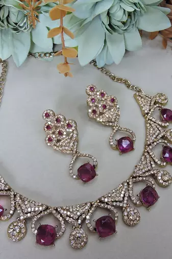 Purple yellow gold premium designer american diamond and stone work necklace set