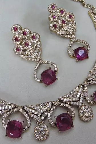 Purple yellow gold premium designer american diamond and stone work necklace set