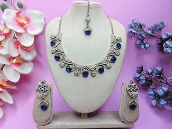 Blue yellow gold premium designer american diamond and stone work necklace set 1