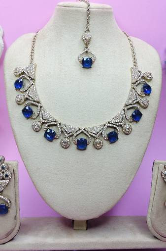 Blue yellow gold premium designer american diamond and stone work necklace set
