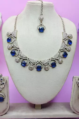 Blue yellow gold premium designer american diamond and stone work necklace set