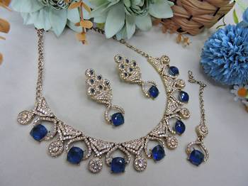 Blue yellow gold premium designer american diamond and stone work necklace set 2