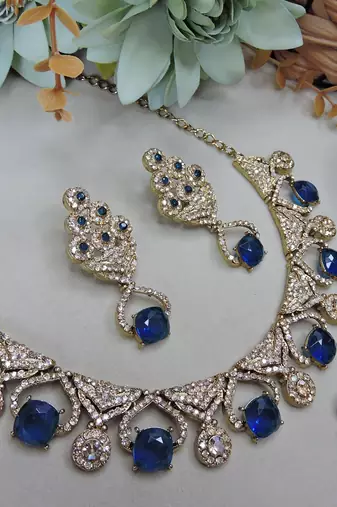 Blue yellow gold premium designer american diamond and stone work necklace set