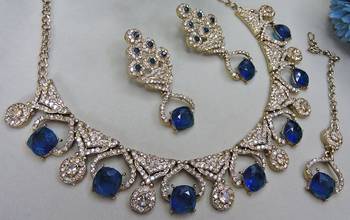 Blue yellow gold premium designer american diamond and stone work necklace set 3