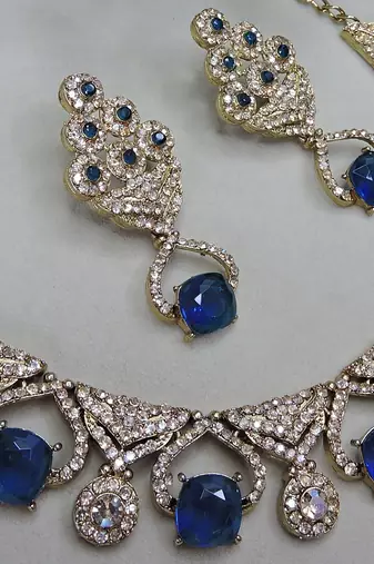 Blue yellow gold premium designer american diamond and stone work necklace set