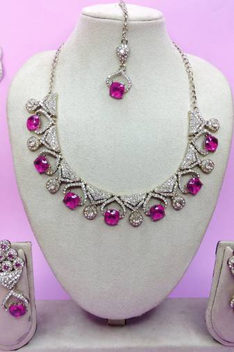 Pink yellow gold premium designer american diamond and stone work necklace set