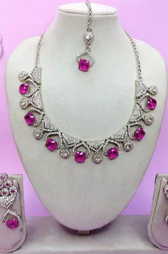 Pink yellow gold premium designer american diamond and stone work necklace set