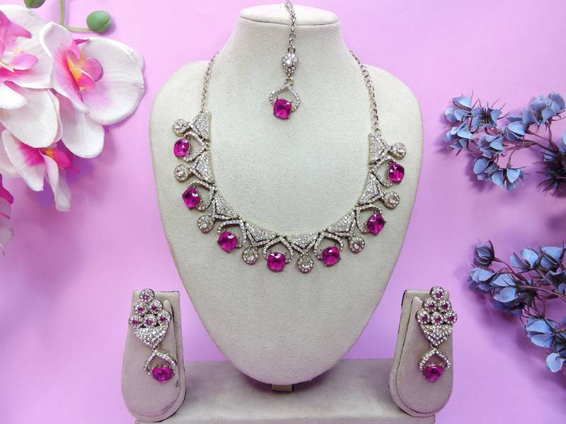 Pink yellow gold premium designer american diamond and stone work necklace set