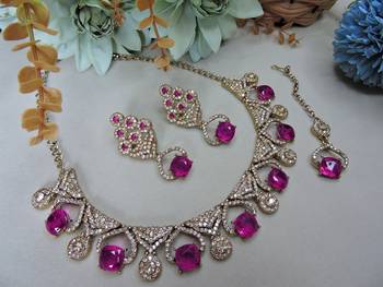 Pink yellow gold premium designer american diamond and stone work necklace set 2