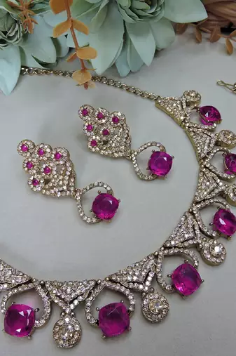 Pink yellow gold premium designer american diamond and stone work necklace set