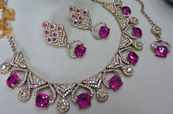 Pink yellow gold premium designer american diamond and stone work necklace set 3