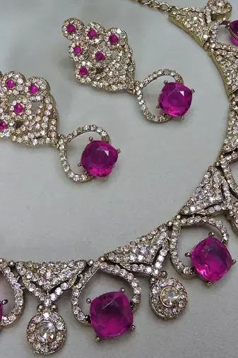 Pink yellow gold premium designer american diamond and stone work necklace set