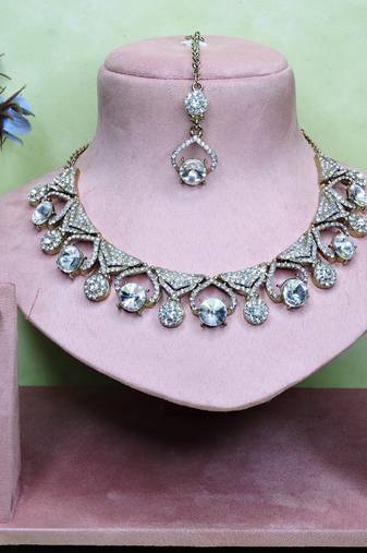 White yellow gold premium designer american diamond and stone work necklace set