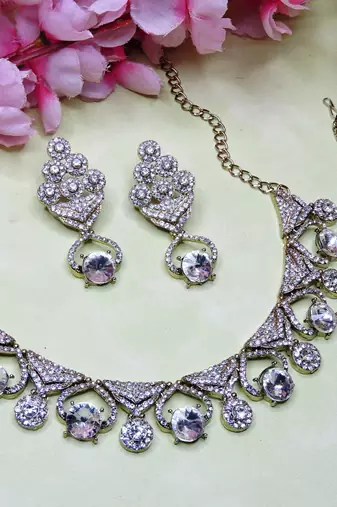 White yellow gold premium designer american diamond and stone work necklace set