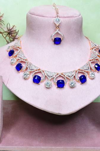 Blue rose gold premium designer american diamond and stone work necklace set