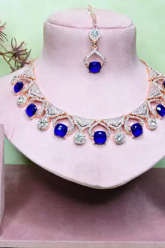 Blue rose gold premium designer american diamond and stone work necklace set