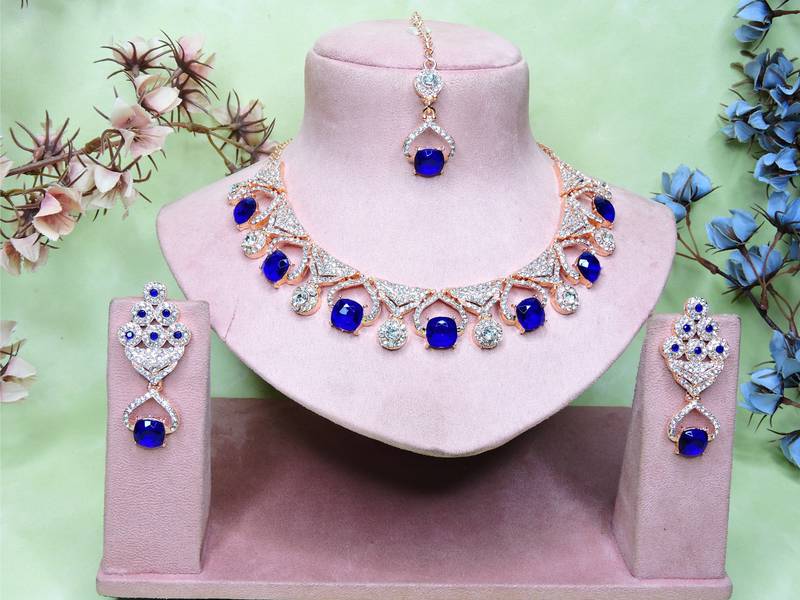 Blue rose gold premium designer american diamond and stone work necklace set