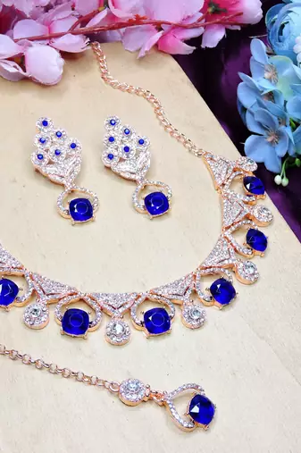 Blue rose gold premium designer american diamond and stone work necklace set