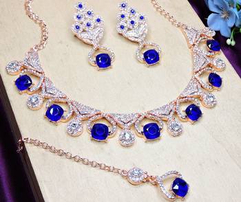 Blue rose gold premium designer american diamond and stone work necklace set 3