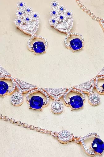 Blue rose gold premium designer american diamond and stone work necklace set