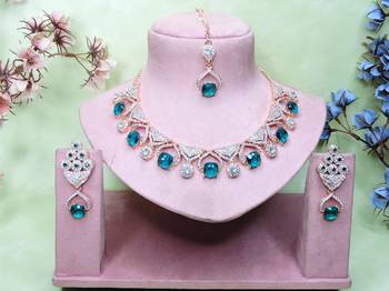 Green rose gold premium designer american diamond and stone work necklace set 1