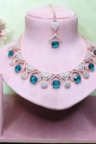 Green rose gold premium designer american diamond and stone work necklace set