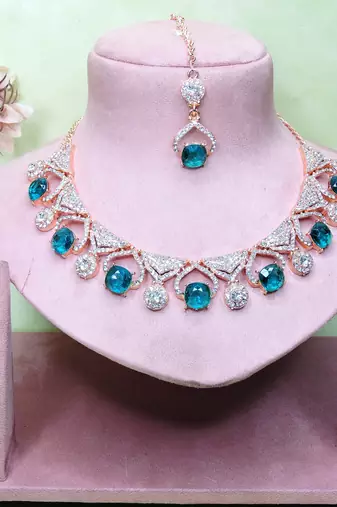 Green rose gold premium designer american diamond and stone work necklace set
