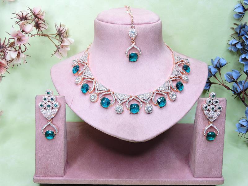 Green rose gold premium designer american diamond and stone work necklace set
