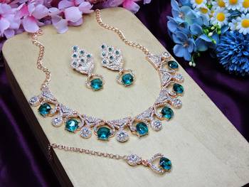 Green rose gold premium designer american diamond and stone work necklace set 2